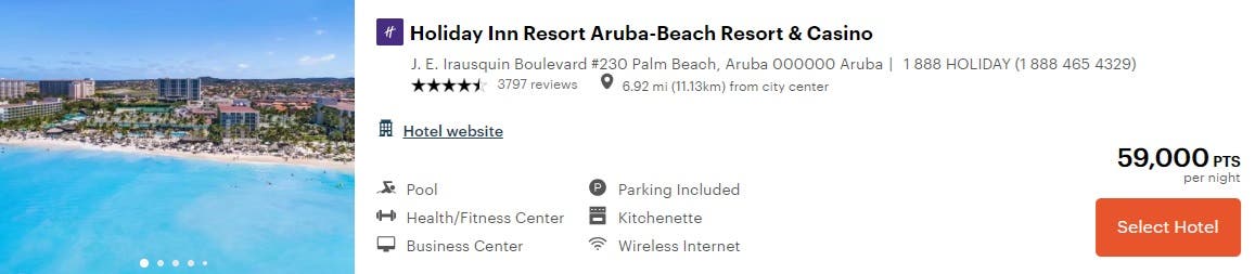 Screenshot of a Holiday Inn listing for Aruba-Beach Resort and Casino cost using points