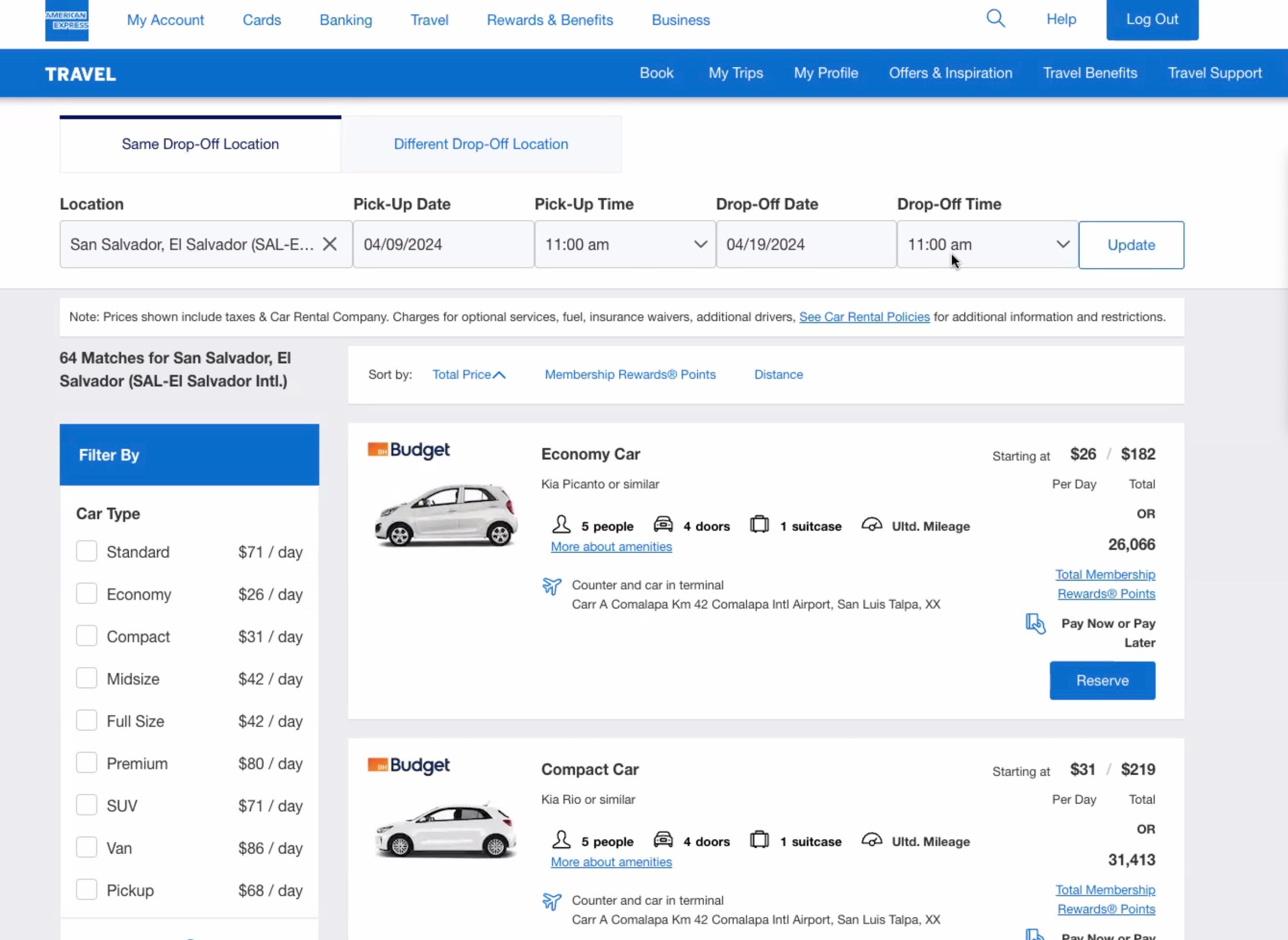 screenshot of car rentals from American Express