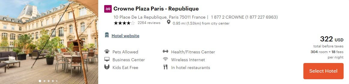 Screenshot of an example listing at the Crown Plaza with a 322 USD price