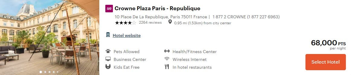 Screenshot of an example listing at the Crown Plaza with a 68,000 point cost