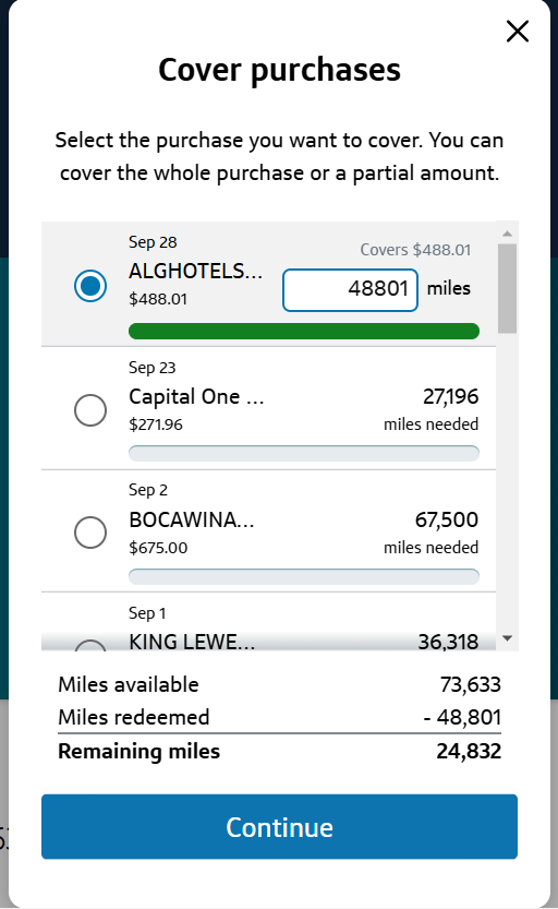 Choose a travel purchase to erase and decide the number of miles to redeem.