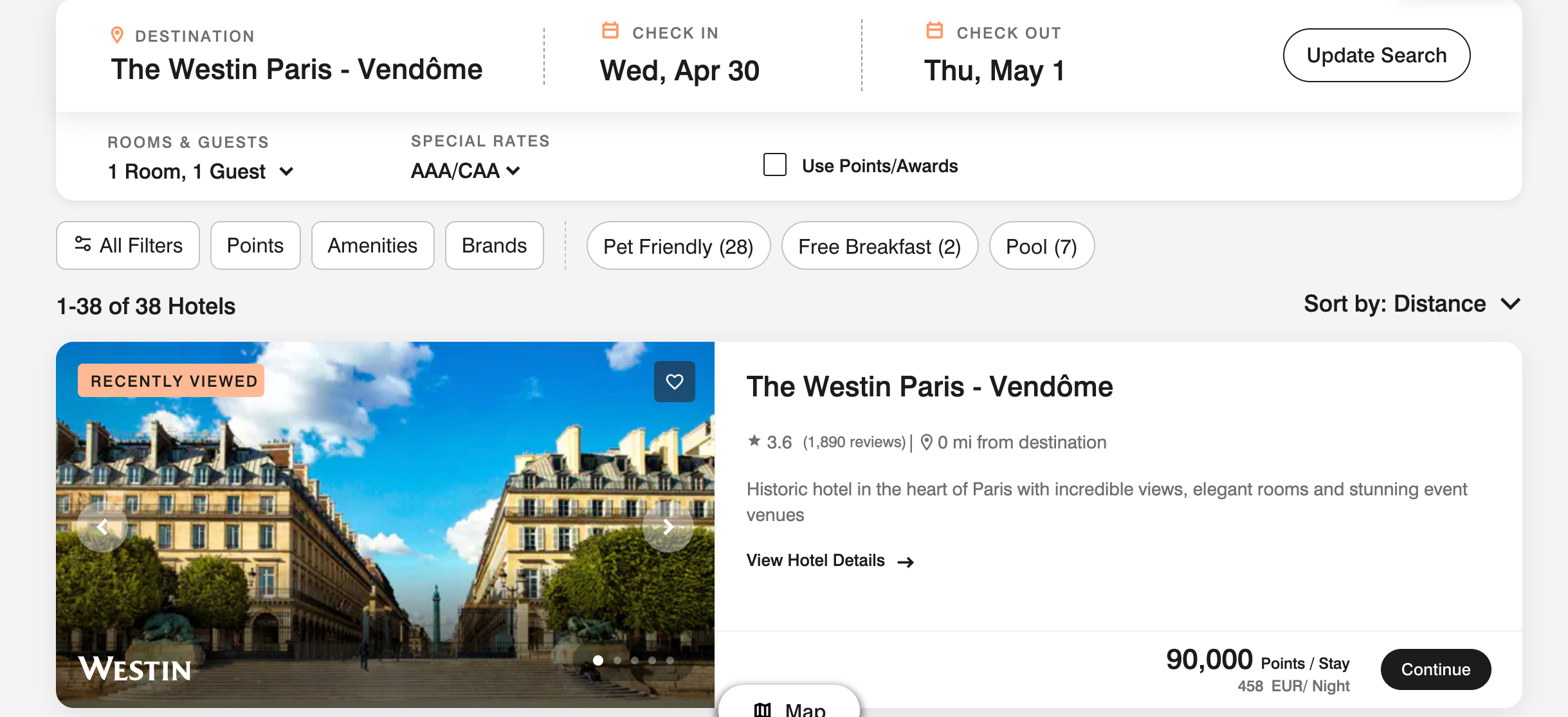 screenshot of booking travel at westin Paris Vendome