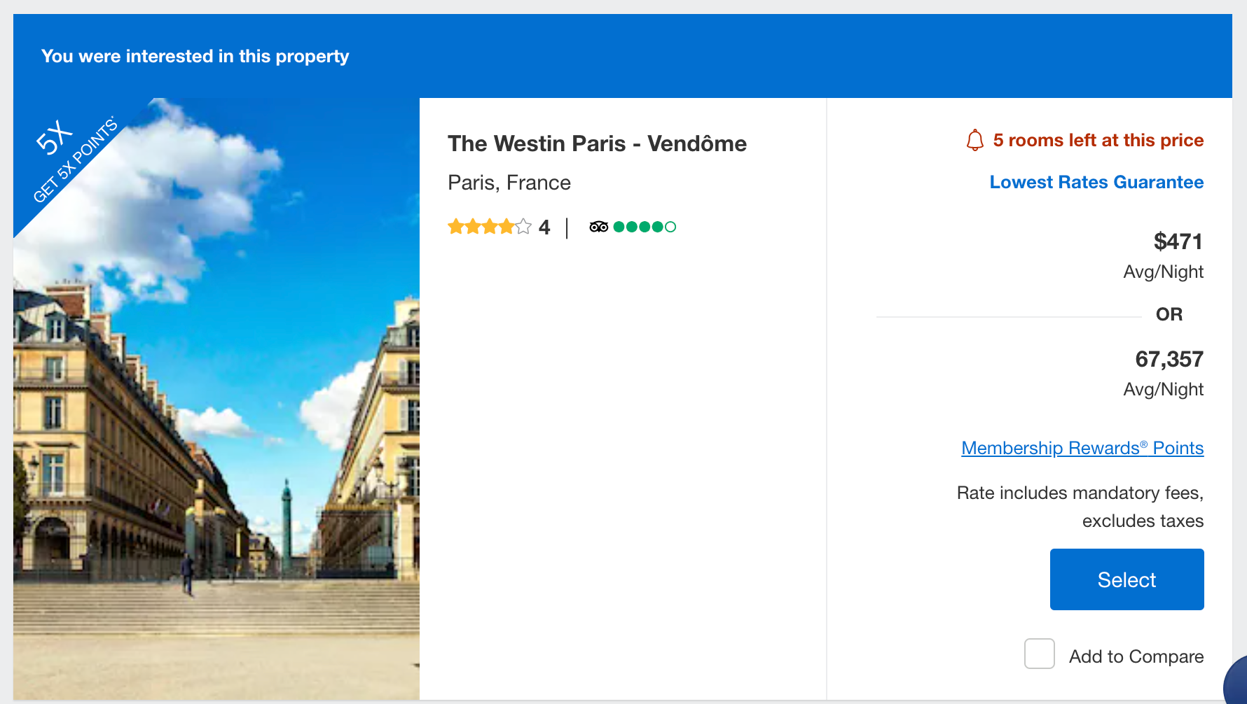 screenshot of booking travel at Westin Paris Vendome