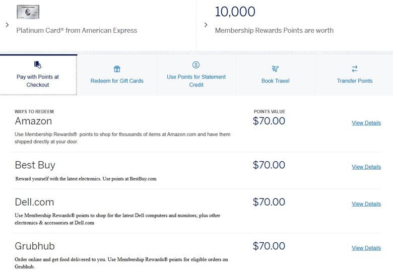 Screenshot showing the redemption value for 10,000 AmEx Membership Points if redeemed at checkout while shopping. 10,000 points is worth $70.00 USD. 